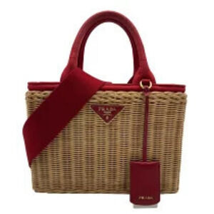 Prada Canapa Wicker Handbag Red Rattan Canvas